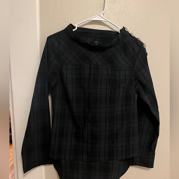 J. Crew Funnel Neck Black Watch Plaid Jewel Top sz 0 - Picture 1 of 7
